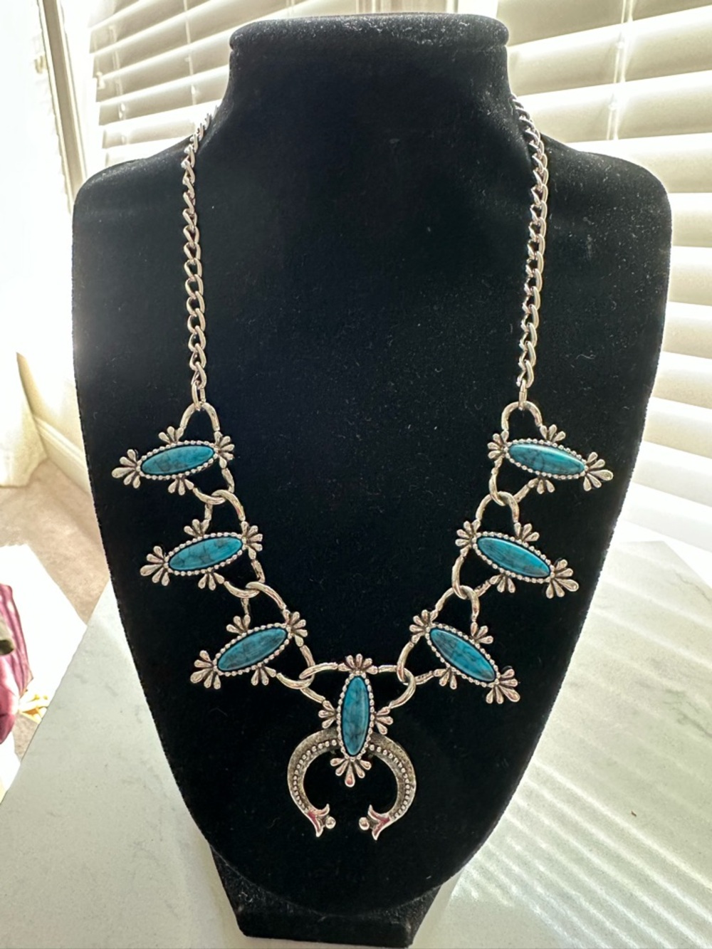 Sarah Coventry Silver-Tone Squash Blossom Necklace with Turquoise Stones